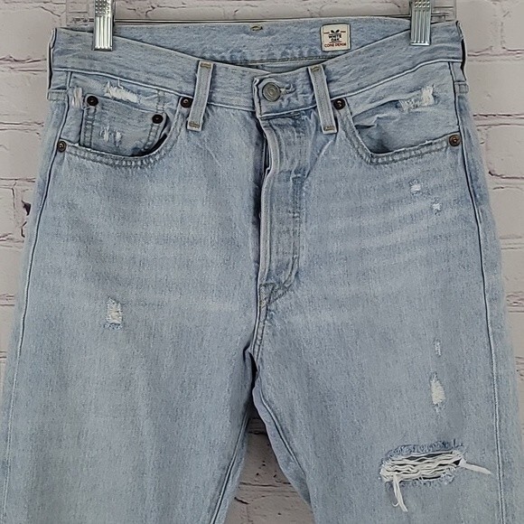 Levi’s 501 Button Fly Raw Hem Distressed White Oak Cone Denim Jeans. Size 28 - Picture 2 of 13